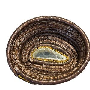 Hand Woven Pine Needle Basket With Gems and Stone in Base of Basket 5.75” x 5”
